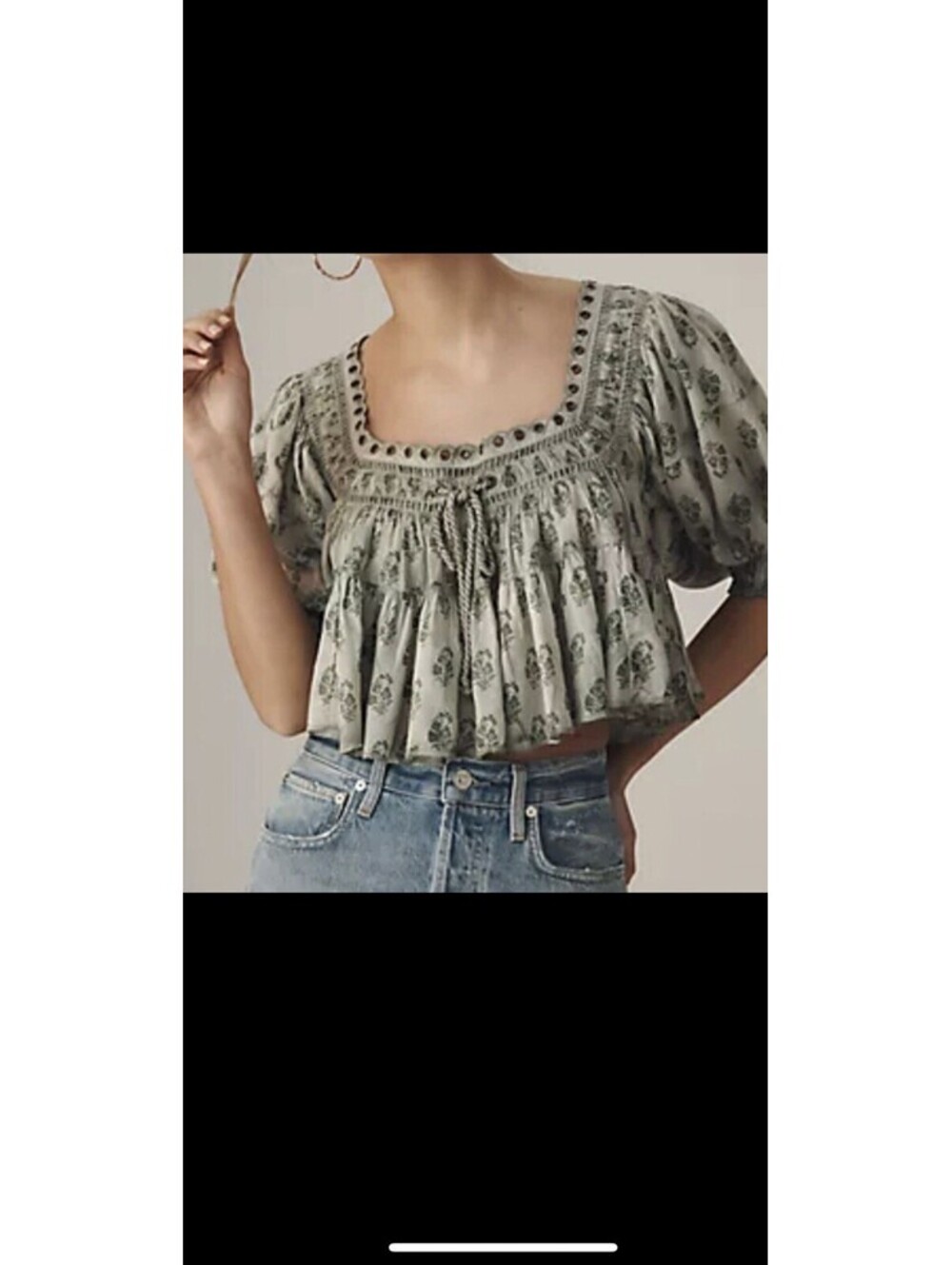 Pilcro By Anthropologie Short Sleeve Crop Babydoll Blouse Green White Boho Large